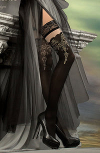 Linsori Noir Embroidered Hold-Ups with Golden Detail - side view