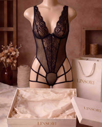 linsori - Noir Lace Strappy Bodysuit Plus Size - product view 