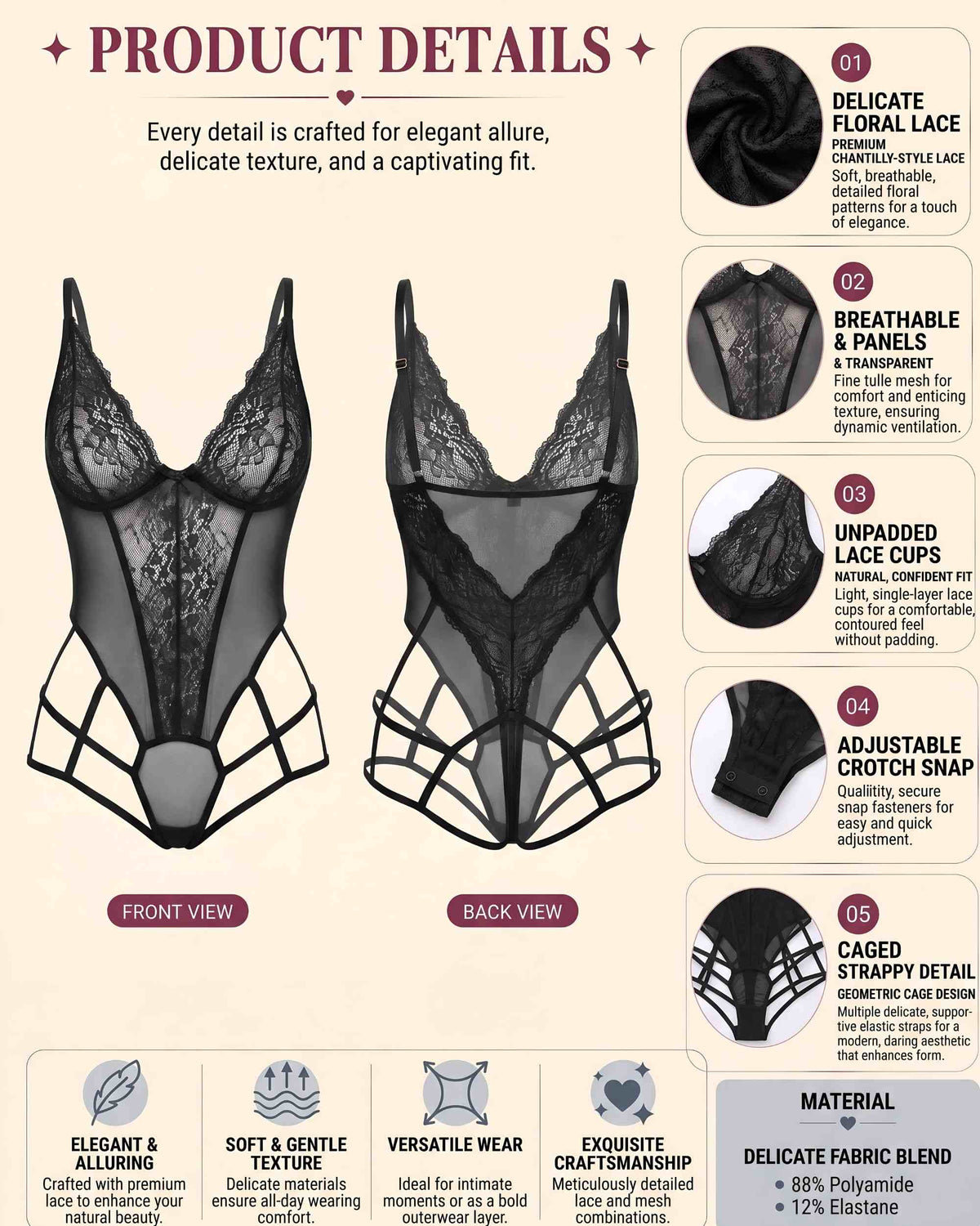 linsori - Noir Lace Strappy Bodysuit Plus Size -product detail