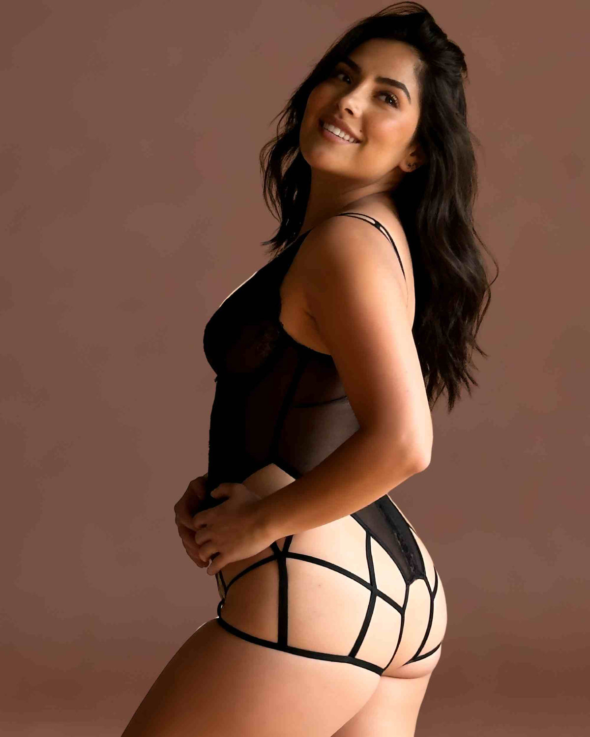 linsori - Noir Lace Strappy Bodysuit Plus Size - left view 