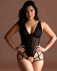 linsori - Noir Lace Strappy Bodysuit Plus Size  - front view