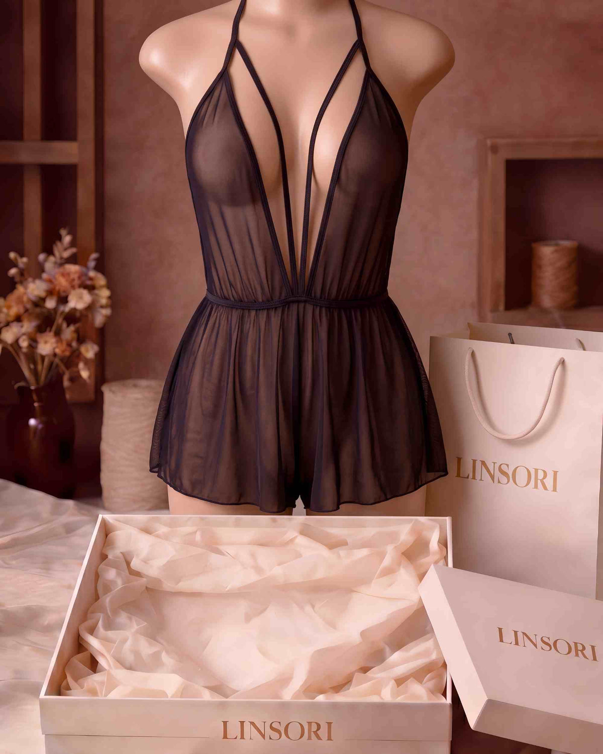 linsori - Midnight Sheer Ruffle Teddy - Mannequin view