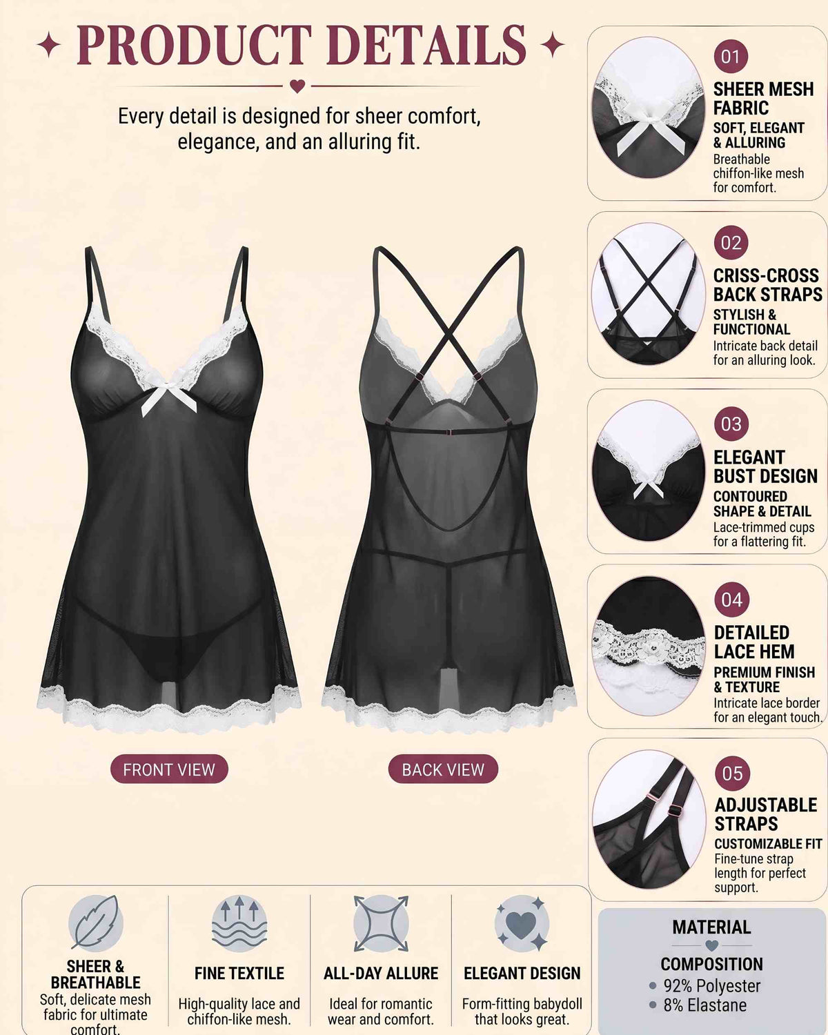 Linsori Venus Midnight Chiffon Chemise Plus Size -  Product detail view