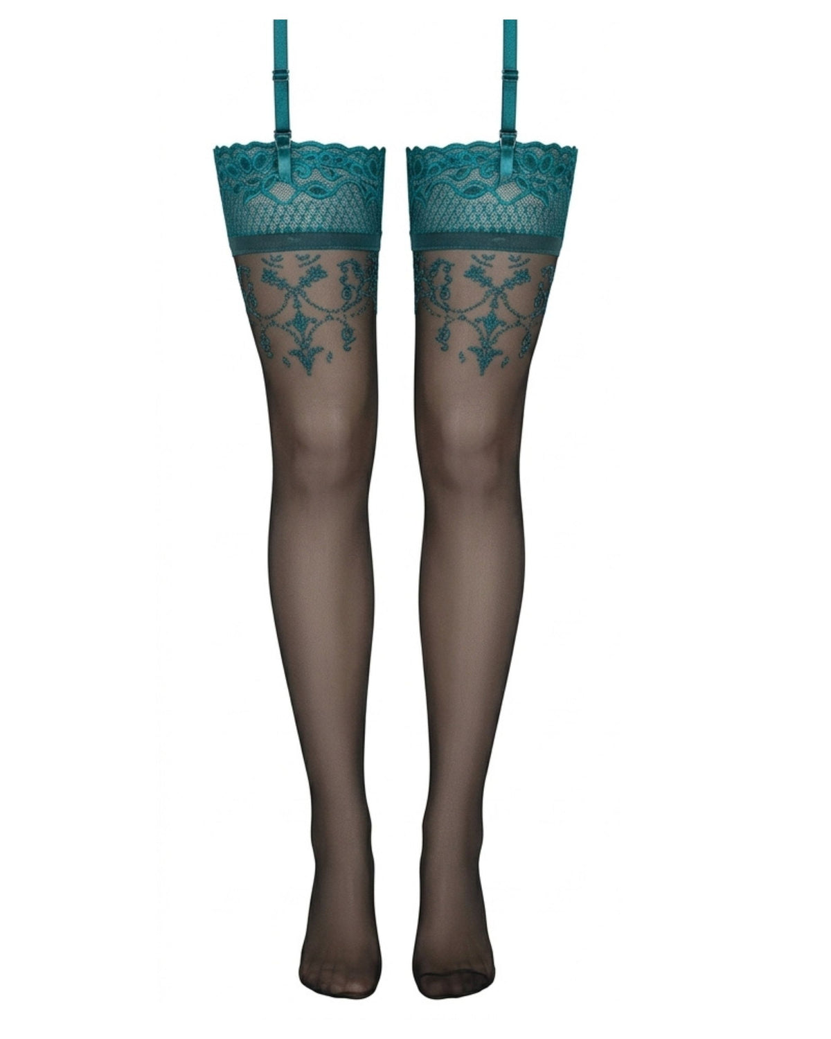 Linsori Obsidian Floral Lace Hold Ups Plus Size - White background view
