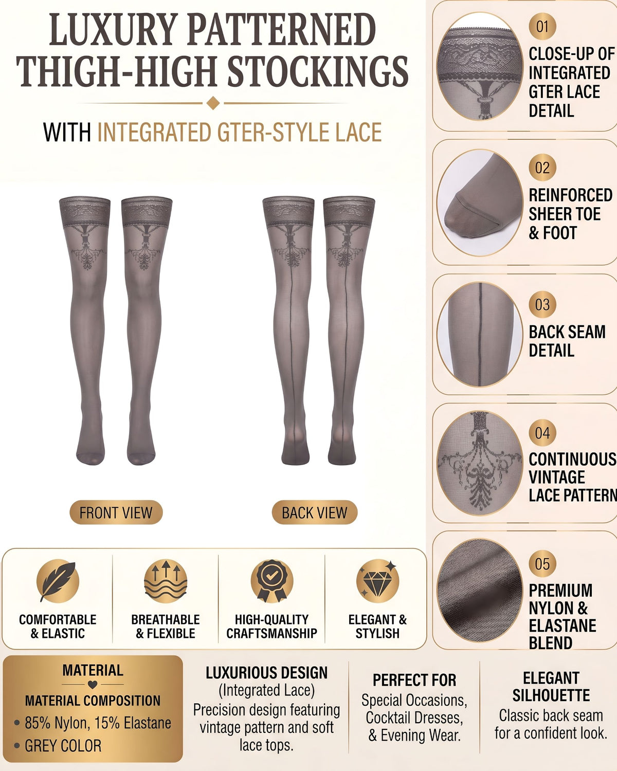 Linsori Silver Grey Lace Top Hold Ups Plus Size -  Product detail view