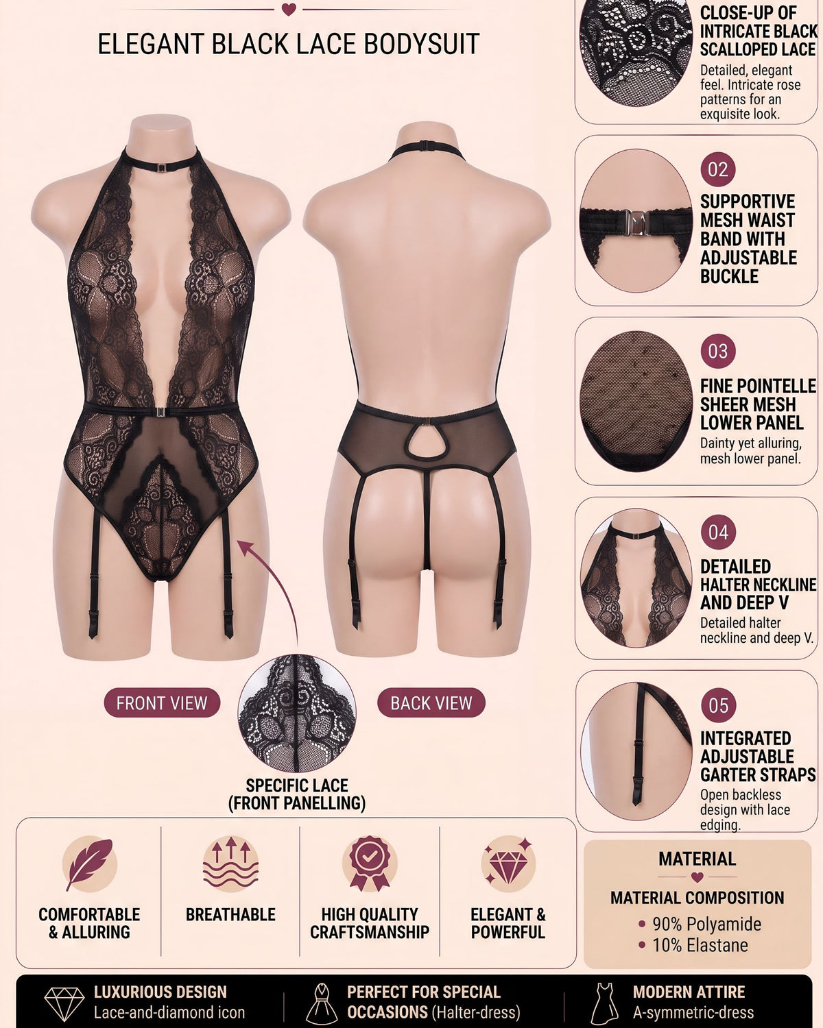 linsori - Midnight Lace V-Cut Teddy Plus Size - product detail