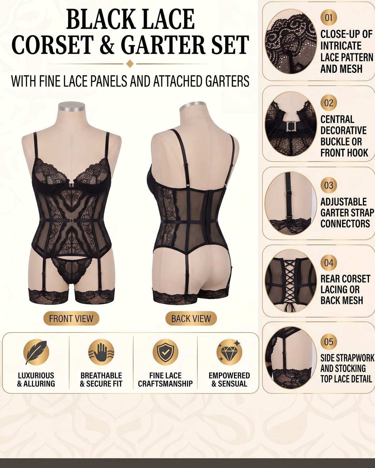 Linsori Ravenna Noir Lace Cor Floral Lace Set -  Product detail view