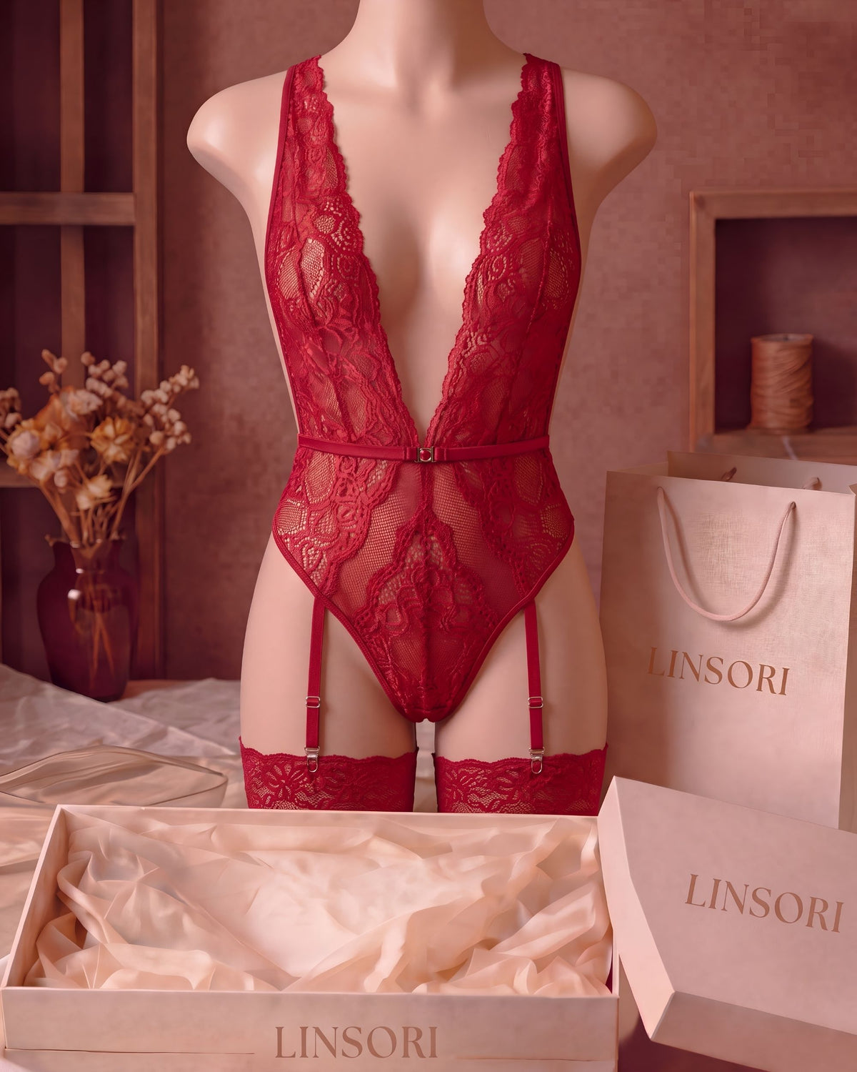 Linsori Adelaide Cherry Floral Lace Teddy Plus Size - Mannequin View