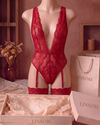 Linsori Adelaide Cherry Floral Lace Teddy Plus Size - Mannequin View