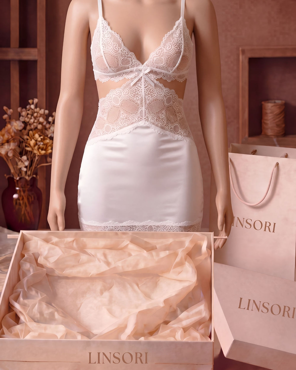 Linsori Adelaide Satin Lace Chemise Plus Size - Mannequin View