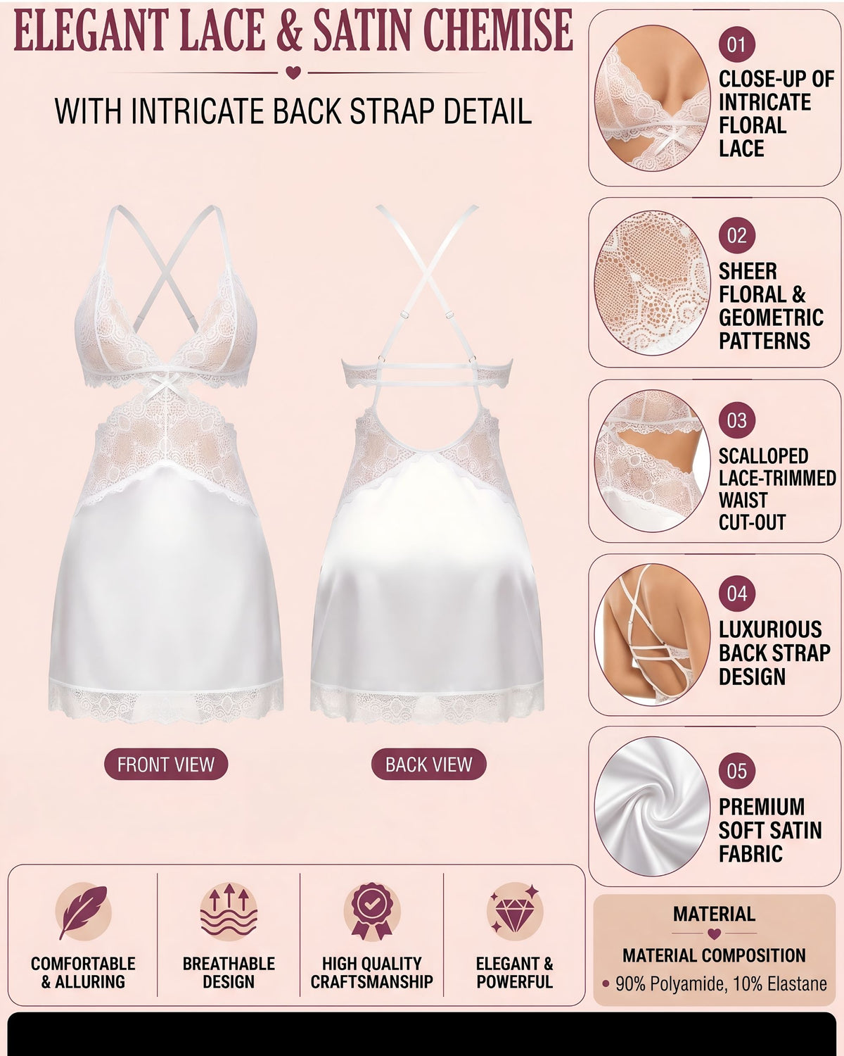 Linsori Adelaide Satin Lace Chemise Plus Size -  Product detail view