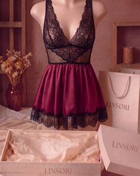 Linsori Noir & Plum Floral Lace Chemise Set - Mannequin View