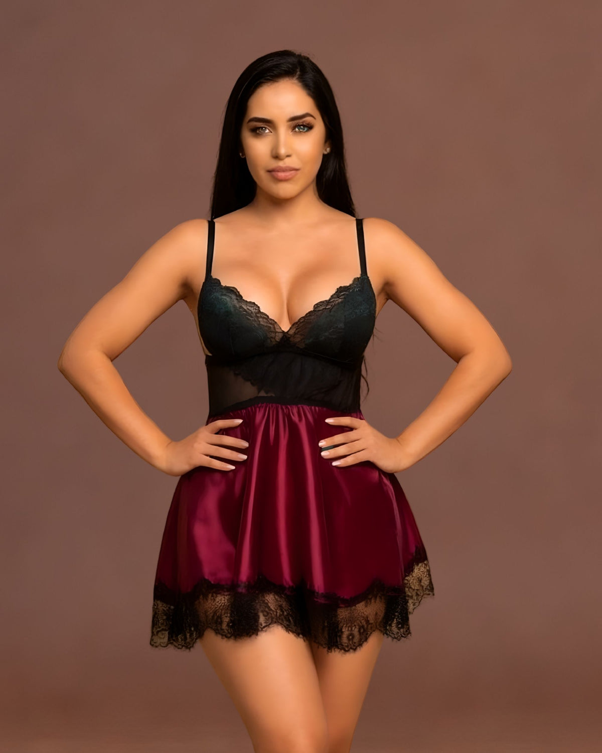 Linsori Noir & Plum Floral Lace Chemise Set - Front view 