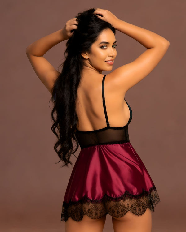 Linsori Noir & Plum Floral Lace Chemise Set -  back view