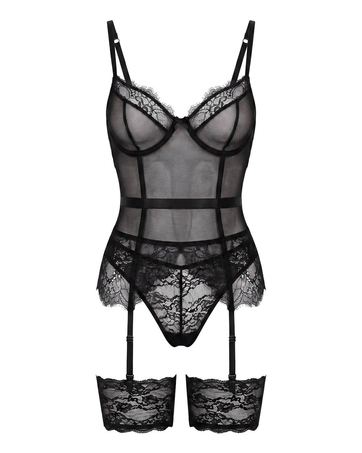 Linsori Noir Leather Look Corset Set Plus Size - White background view