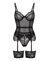 Linsori Noir Leather Look Corset Set Plus Size - White background view