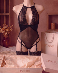 Linsori Noir Lace Laurienne Teddy Plus Size - Mannequin View