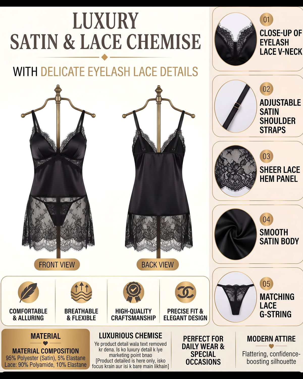 Linsori Metallic Noir Chemise Set Plus Size -  Product detail view