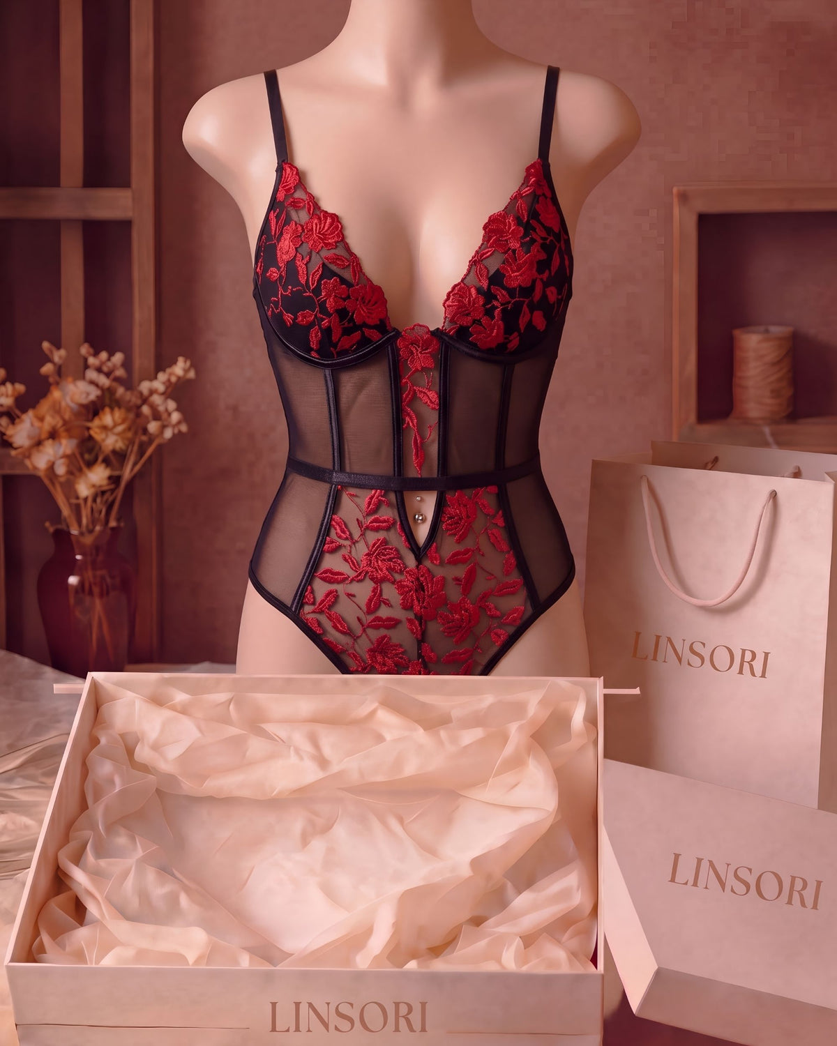 Linsori Scarlet Embroidered Evangelina Teddy - Mannequin View