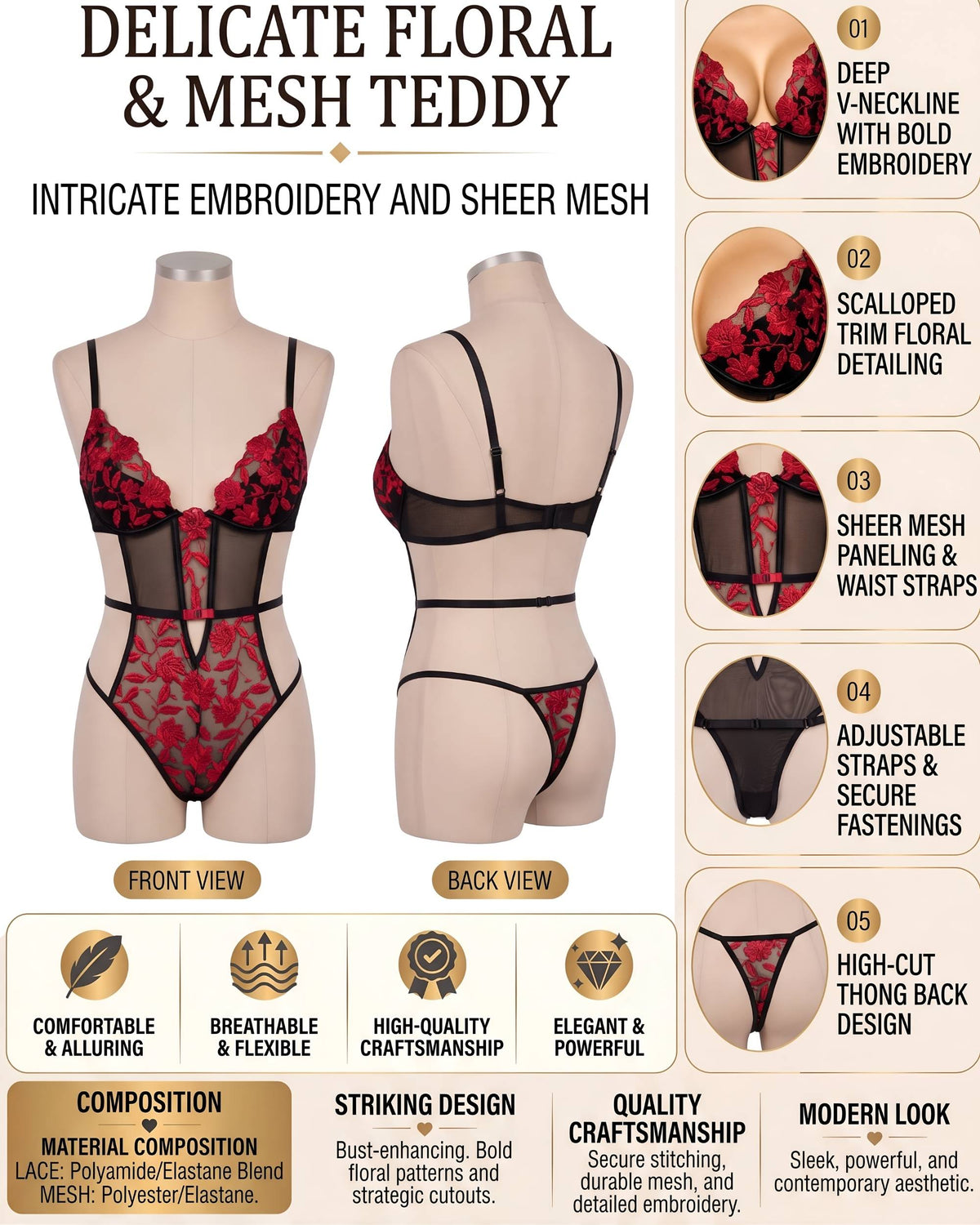 Linsori Scarlet Embroidered Evangelina Teddy -  Product detail view