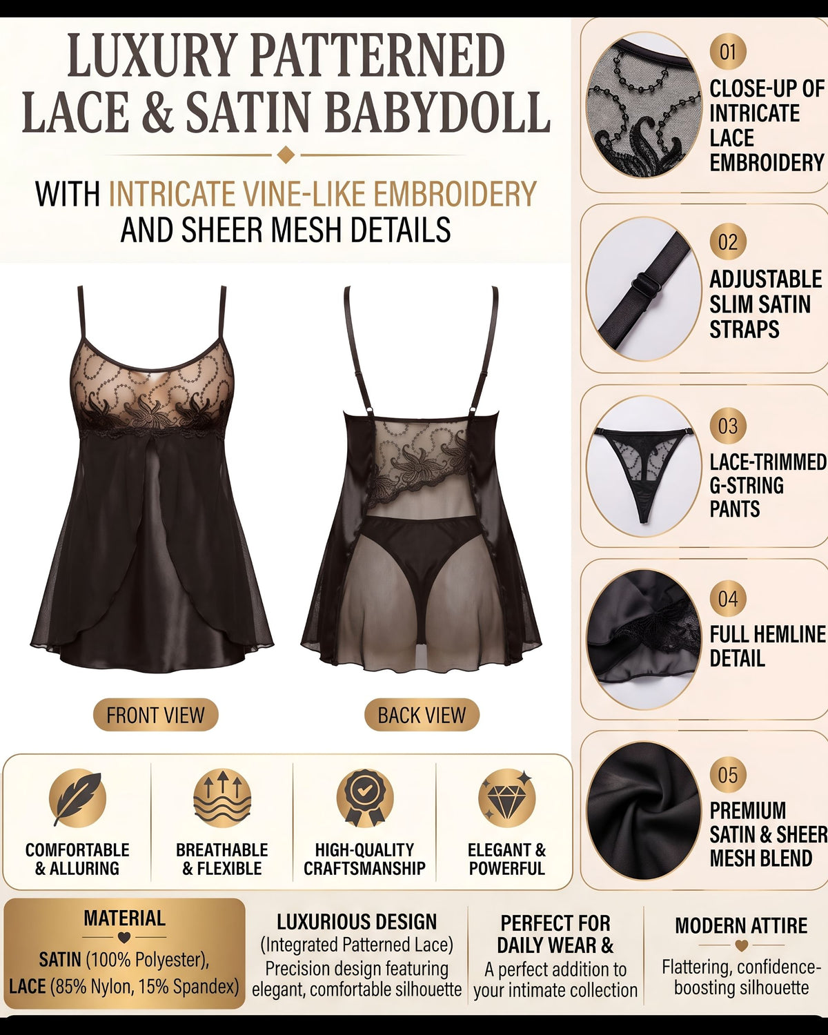 Linsori Obsidian Embroidered Chemise Set Plus Size -  Product detail view