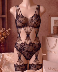 Linsori Maribel Intricate Noir Bodystocking - Mannequin View