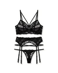 Linsori Noir Ribbon Lace Three-Piece Plus Size - White background view