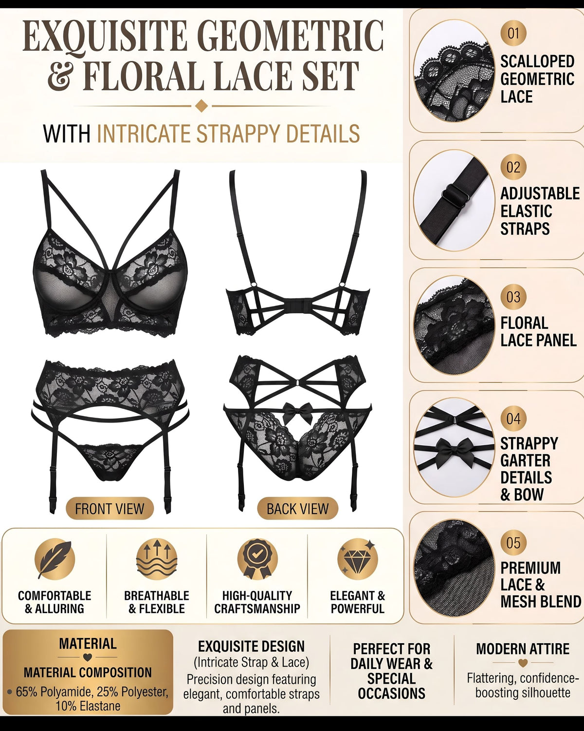 Linsori Noir Ribbon Lace Three-Piece Plus Size -  Product detail view