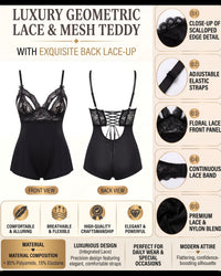 Linsori Obsidian Satin Bow Floral Lace Teddy -  Product detail view