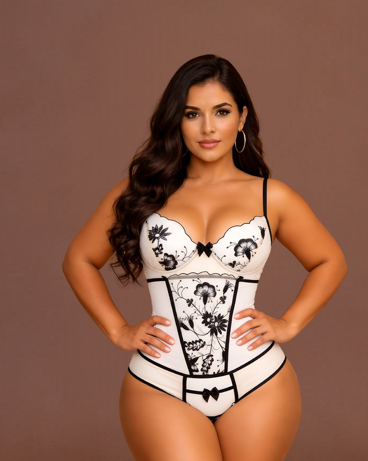 Linsori Noir Floral Embroidered Teddy Plus Size - Front view 
