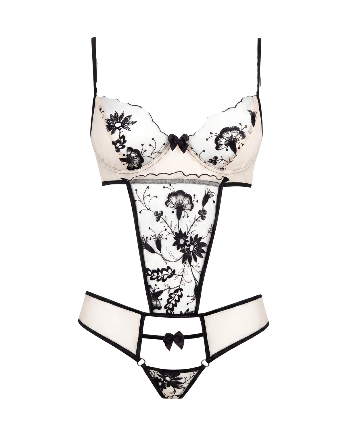 Linsori Noir Floral Embroidered Teddy Plus Size - White background view