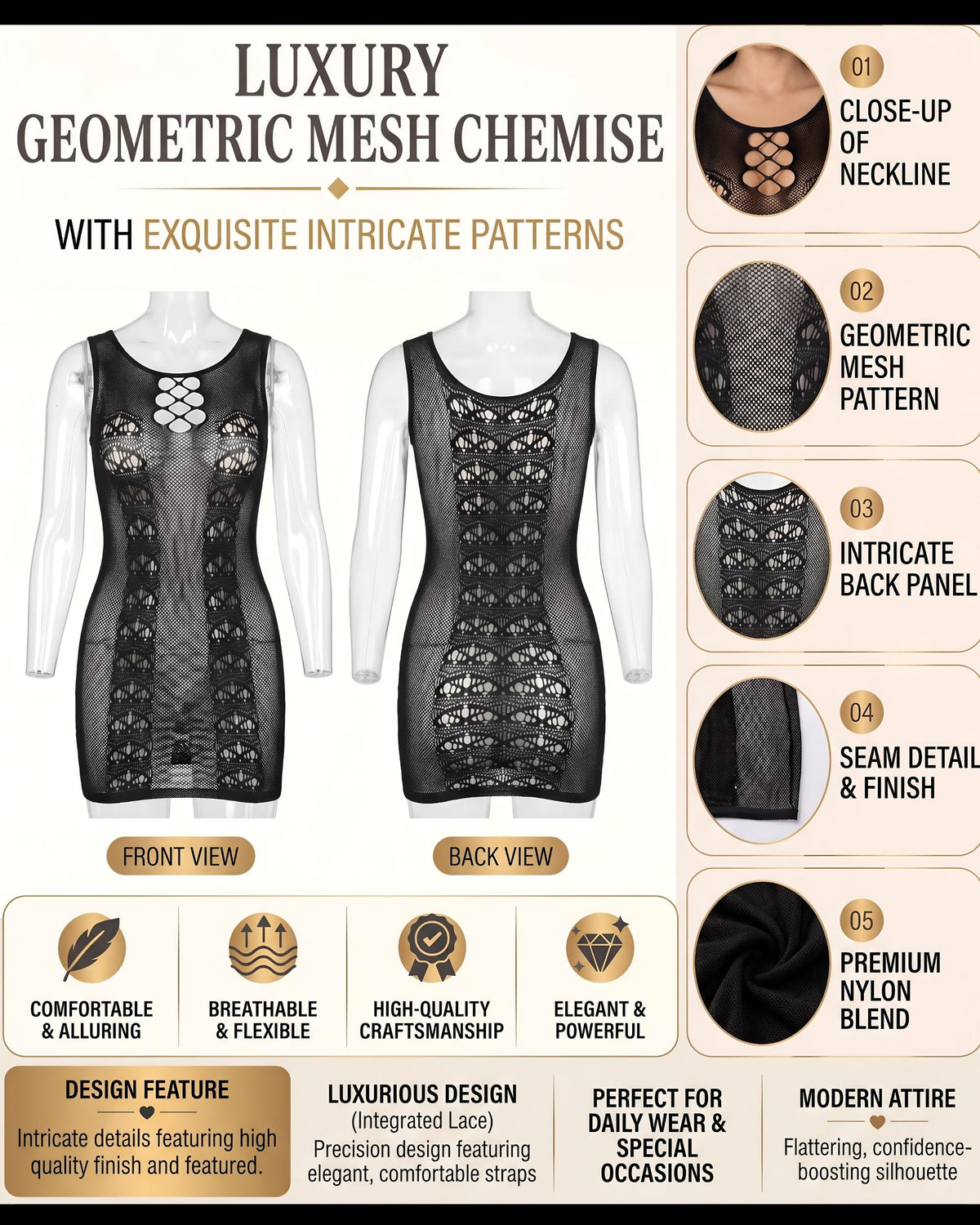 Linsori Noir Fishnet Evening Dress -  Product detail view