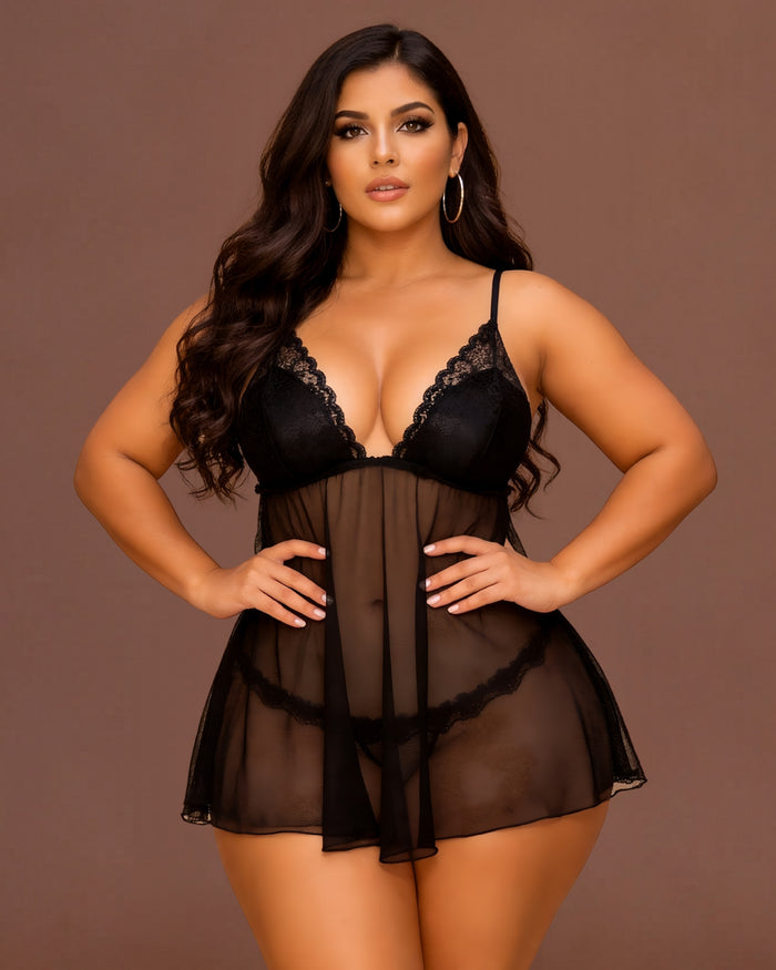 Linsori Noir Lace Contour Corset Set Plus Size - Front view 