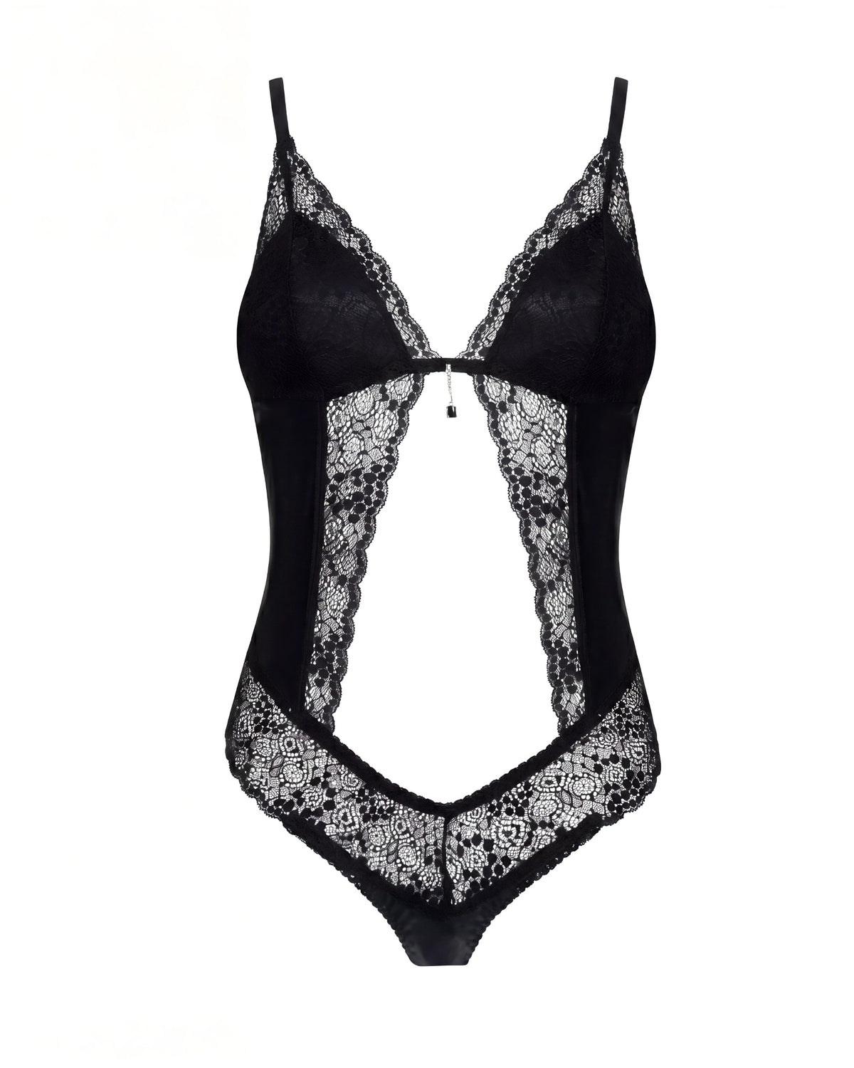 Linsori Noir Shine Floral Lace Teddy Plus Size - White background view