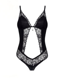 Linsori Noir Shine Floral Lace Teddy Plus Size - White background view