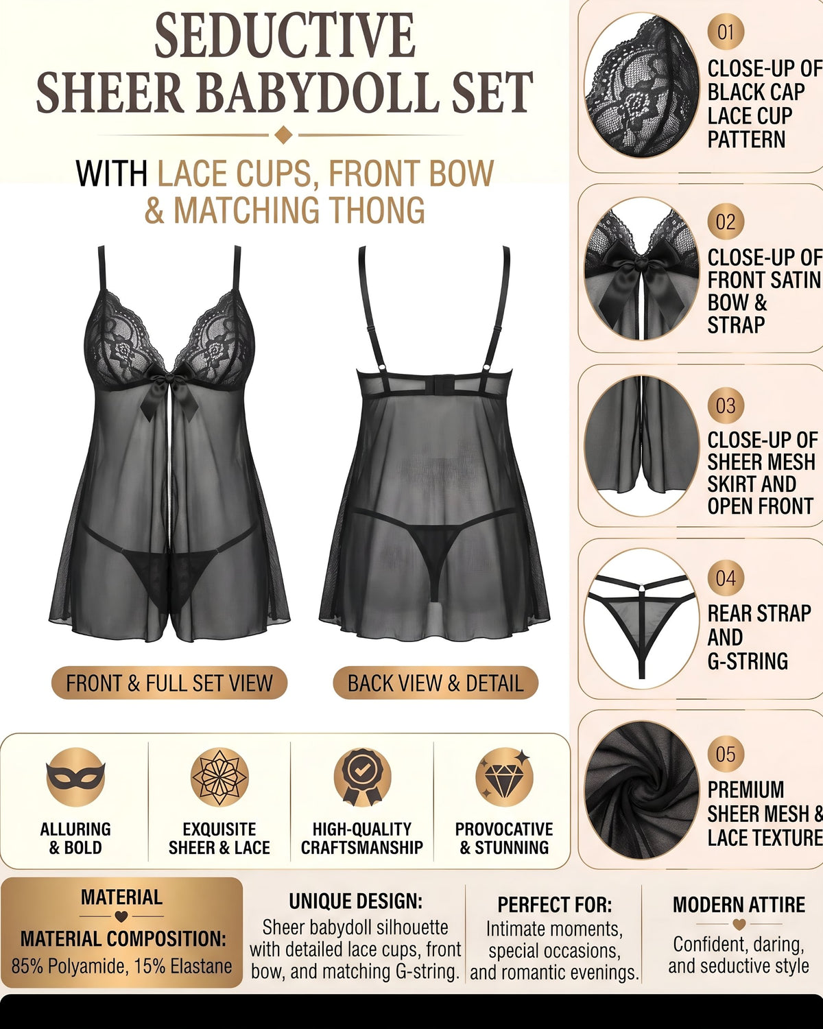 Linsori Noir Lacquered Lace Chemise Plus Size -  Product detail view