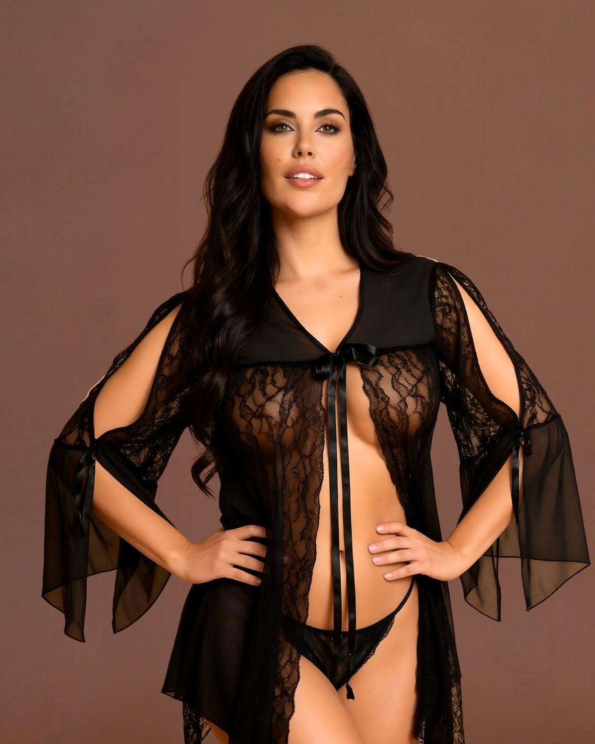 Linsori Noir Lace Robe with Ribbon Sleeves Plus Size - Front view 