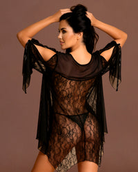 Linsori Noir Lace Robe with Ribbon Sleeves Plus Size -  back view