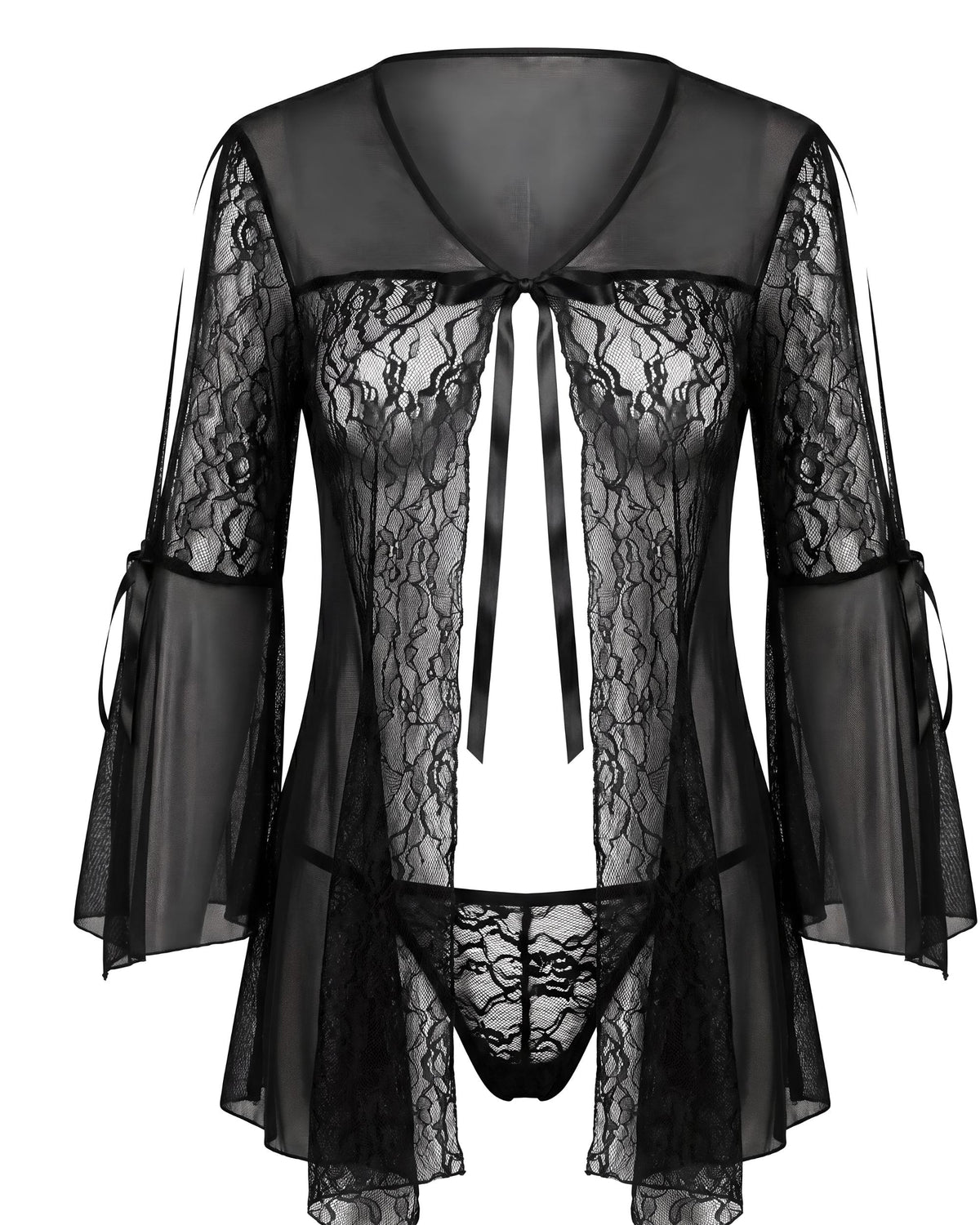 Linsori Noir Lace Robe with Ribbon Sleeves Plus Size - White background view