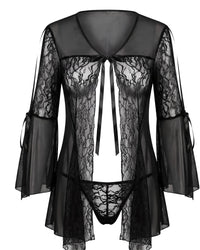 Linsori Noir Lace Robe with Ribbon Sleeves Plus Size - White background view
