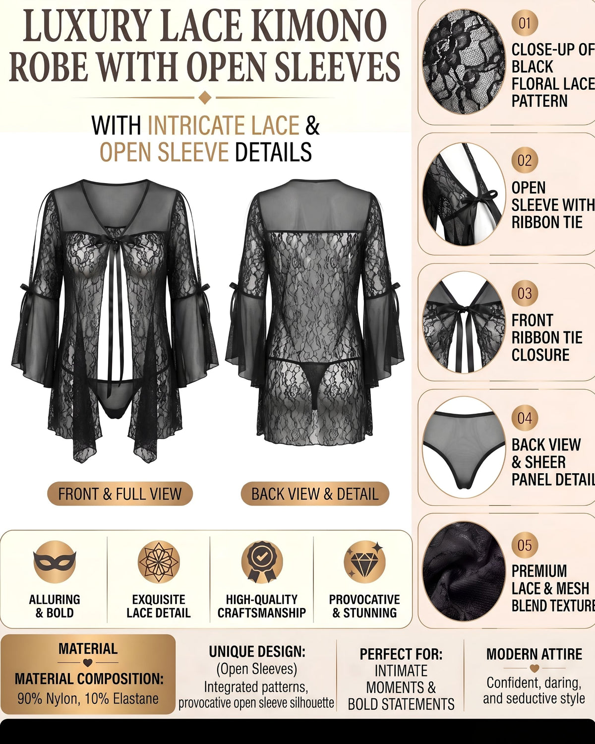 Linsori Noir Lace Robe with Ribbon Sleeves Plus Size -  Product detail view