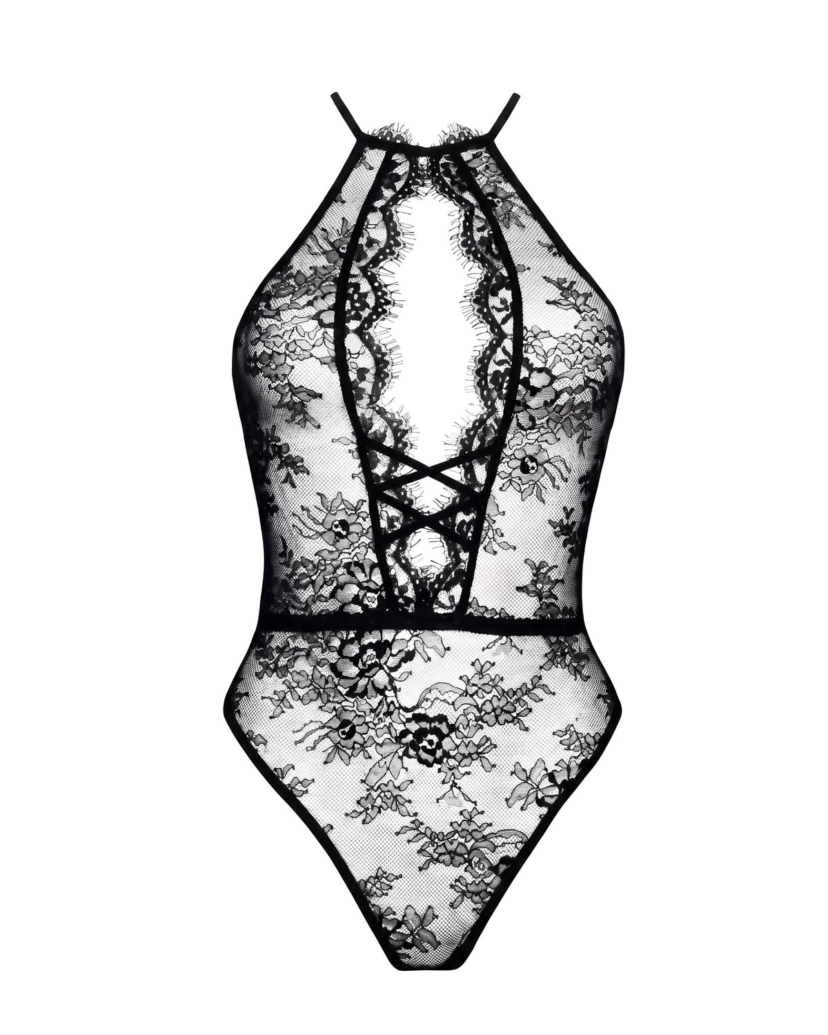 Linsori Noir Lace Cut-Out Floral Lace Teddy - White background view