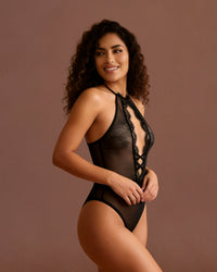 Linsori Noir Lace Cut-Out Floral Lace Teddy -  Right view
