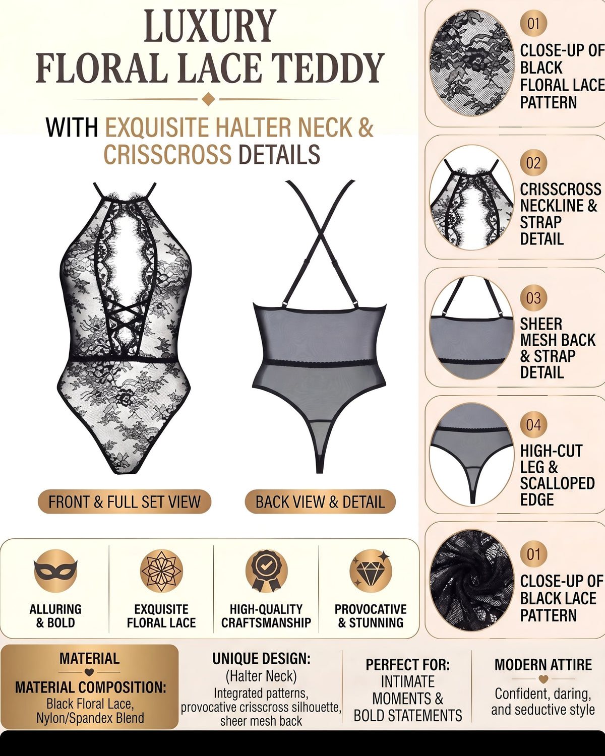 Linsori Noir Lace Cut-Out Floral Lace Teddy -  Product detail view