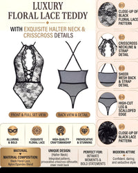 Linsori Noir Lace Cut-Out Floral Lace Teddy -  Product detail view