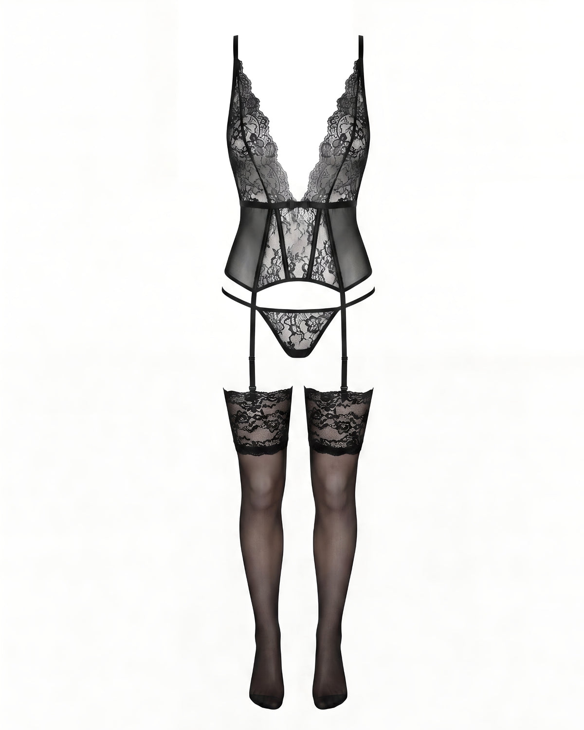Linsori Estera Deep V Corset Delicate Set Plus Size - White background view