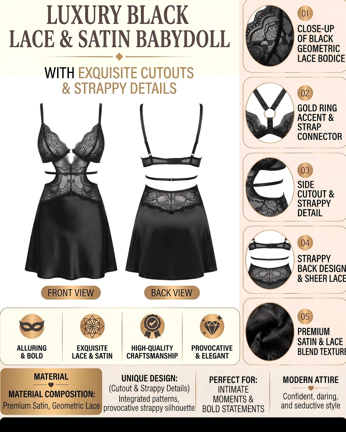 Linsori Noir Lace Chemise Floral Lace Set Plus Size -  Product detail view
