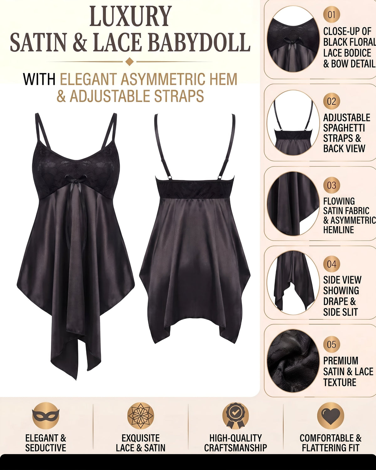 Linsori Noir Satin Chemise Smooth Satin Set -  Product detail view