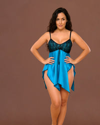 Linsori Turquoise Satin Lace Chemise Piece Plus Size - Front view 