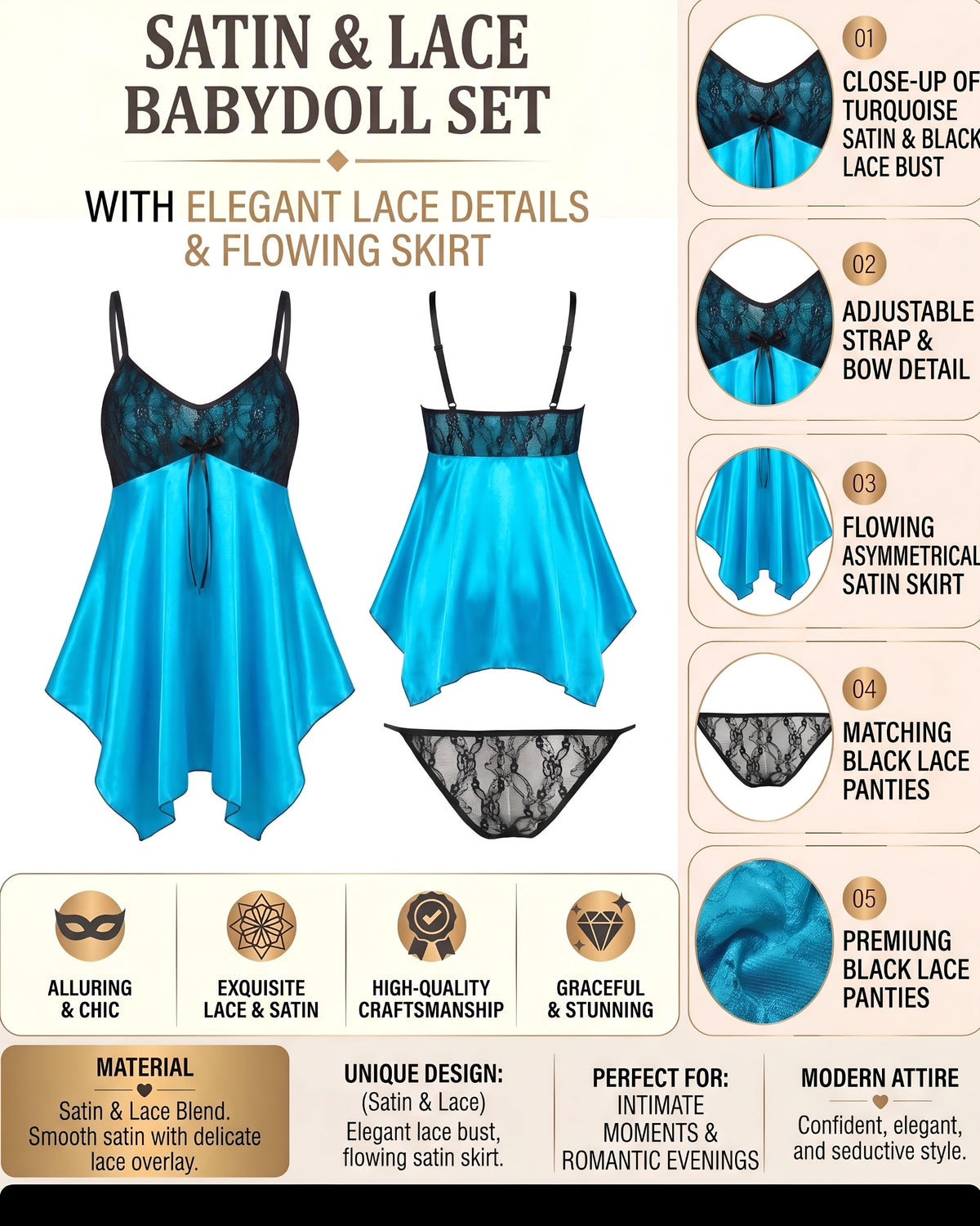 Linsori Turquoise Satin Lace Chemise Piece Plus Size -  Product detail view